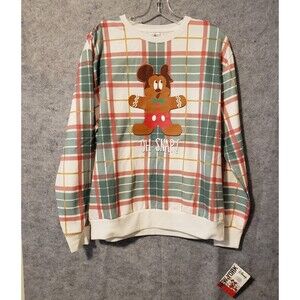 Disney Mickey Mouse Sweatshirt LARGE Plaid Gingerbread Oh Snap NWT Christmas